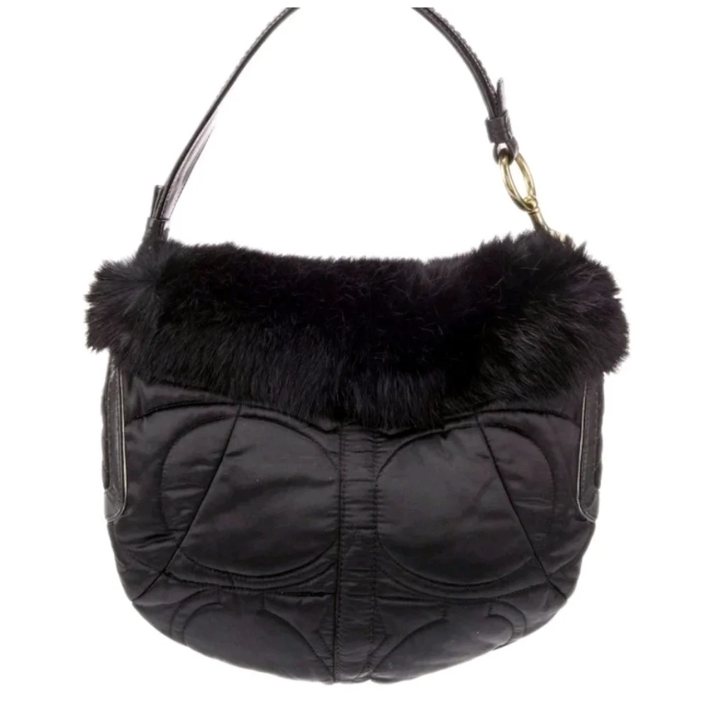 Coach Vintage Y2K Black Quilted Signature Rabbit Fur Trimmed Shoulder Bag